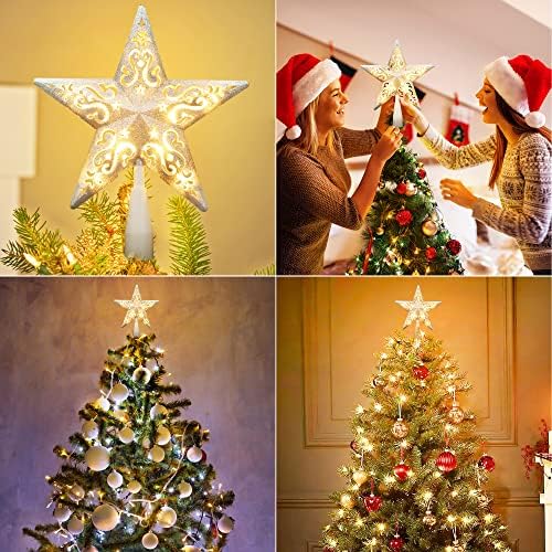 Brizled Christmas Tree Topper with 10 Warm Lights, 8" Silver Star Tree top