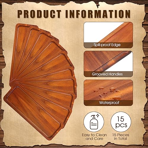 Skylety 15 Pack Solid Wood Serving Tray Large Acacia Party Server Platter Rectangular Charcuterie Board with Grooved Handle for Home Kitchen Cheese Appetizer Farmhouse Table Supplies (10.8 x 4 Inch) - size: 10.8 x 4 Inch