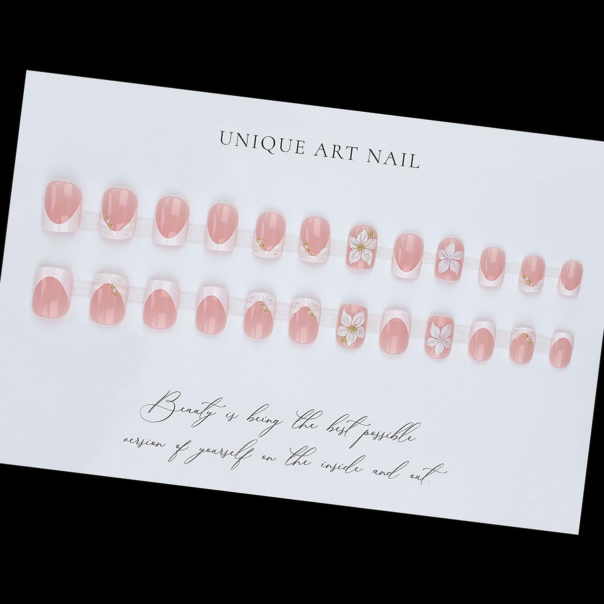 24Pcs White French Tip Press on Nails Short Square Fake Nails 3D Flower with Rhinestones Designs Natural Pink Full Cover Glue on Nails Spring False Nails Glossy Stick on Nails for Women Acrylic DIY