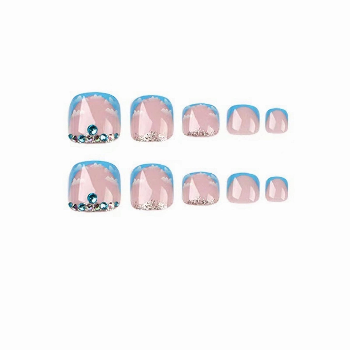 MISUD Press on Nails - Toe Glue on Nails with Blue French Tip, Acrylic Toenails Rhinestone Design 24 pcs