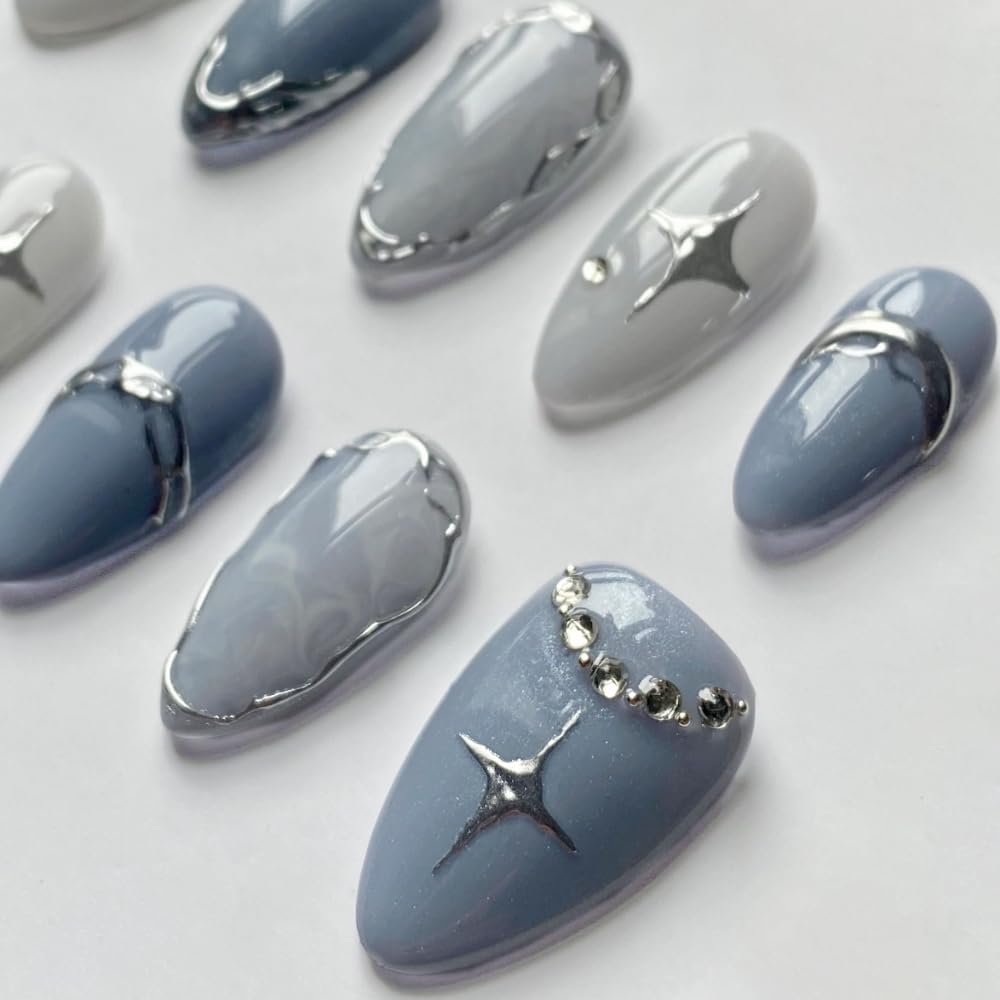 Press On Nails - Handmade 3D False Nails Short Medium Almond 10 Pcs Reusable ABS Material Finger Painting Nail Tip French Salon Design Artificial Fingernail for Women-M size
