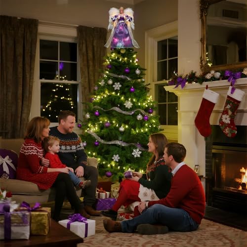 Moving Angel Tree Topper with Lights, 12’’ Purple, Separately Controlled Flapping Wings and Bright LEDs, 6 On / 18 Off Hours Cycle