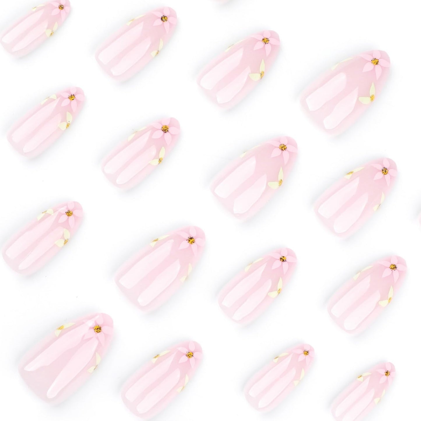 24pcs Pink Press on Nails Short Almond Fake Nails Glossy Full Cover Flower with designs Acrylic Nails Artificial Nails Spring Summer Reusable Floral False Nails Cute Glue on Nails for Women