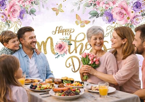 8x6ft Happy Mother's Day Backdrop Floral Golden Dots Mothers Day Birthday Photography Background for Women Thanks Mother's Day Photo Booth Props 068 - size: 8x6ft