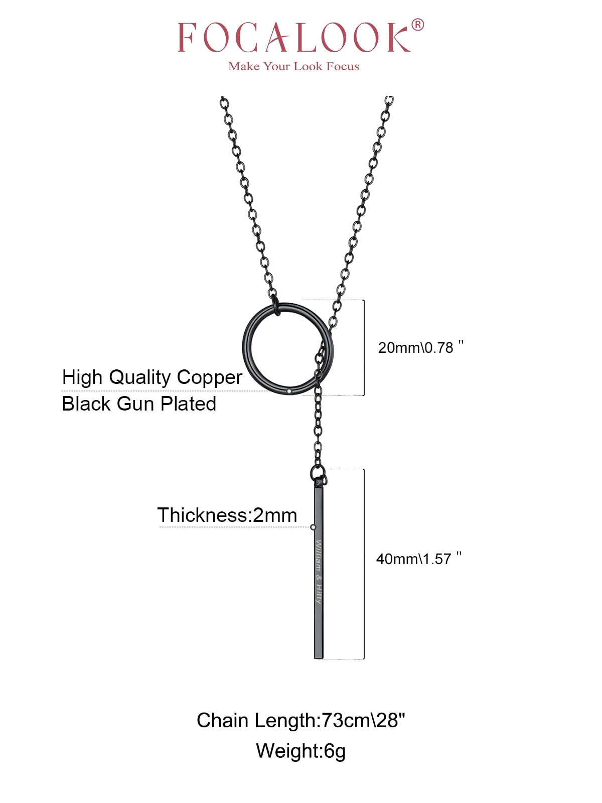 FOCALOOK Long Black Necklaces for Women Custom Engraved Personalized Drop Bar Pendant Larait Y Necklace