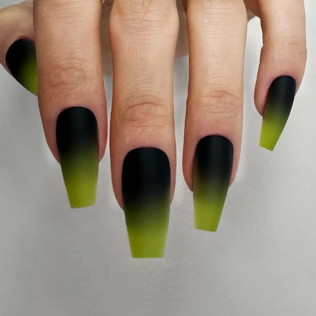 Redykat 24PCS Medium Coffin Matte Press On Nails, Salon Quality Nail Art, Black and Green Acrylic False Nails, Neon Green Fake Nails, Home Quick Manicure (Punk Neon)