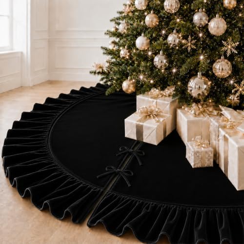 Christmas Tree Skirt,Velvet Tree Skirt with Ruffled Edge, Classic Large Velvet Fur Plush Tree Skirt for Merry Christmas(Black,48Inch)