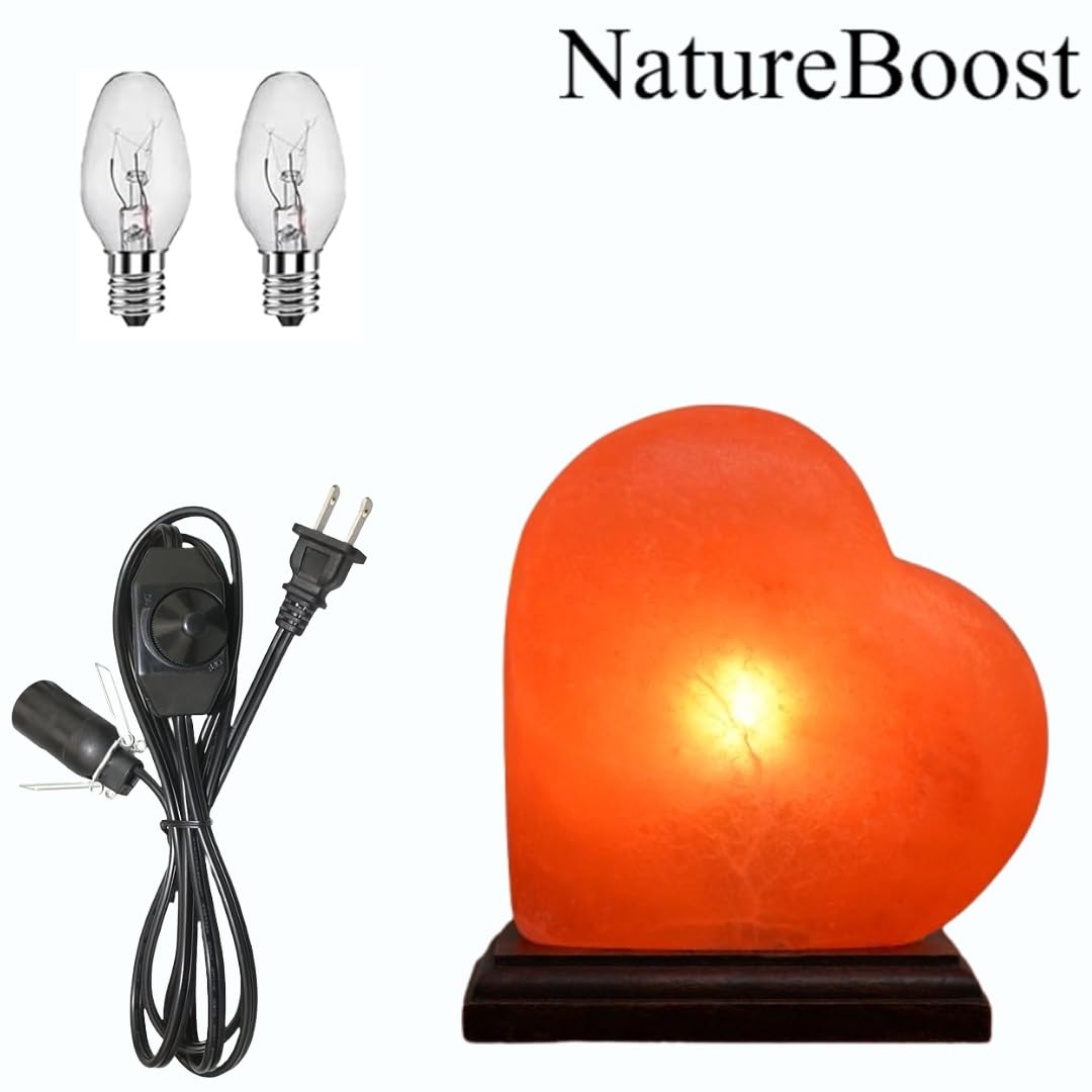 NatureBoost NB Himalayan Pink Salt Lamp – Heart Shape with Dimmer Switch & 2 Bulbs – Hand-Carved Rock Salt Lamp from Pakistan – Romantic Glow for Bedroom, Gift & Home Décor, Unique Gift Idea