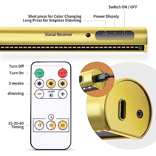 Battery Operated Wireless Picture Light，Rechargeable/Plugged in 31.5inch Painting Display Light,Remote Control Wall Lights with Three Modes and Timing for Art Frame (Gold) - color: Gold