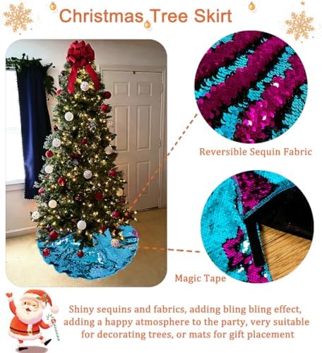 Christmas Tree Skirt 24 Inches Turquoise to Hot Pink Mermaid Sequin Tree Skirts 24 Inches Small Round Tree Skirt for 1.5ft Xmas Trees Indoor or Outdoor