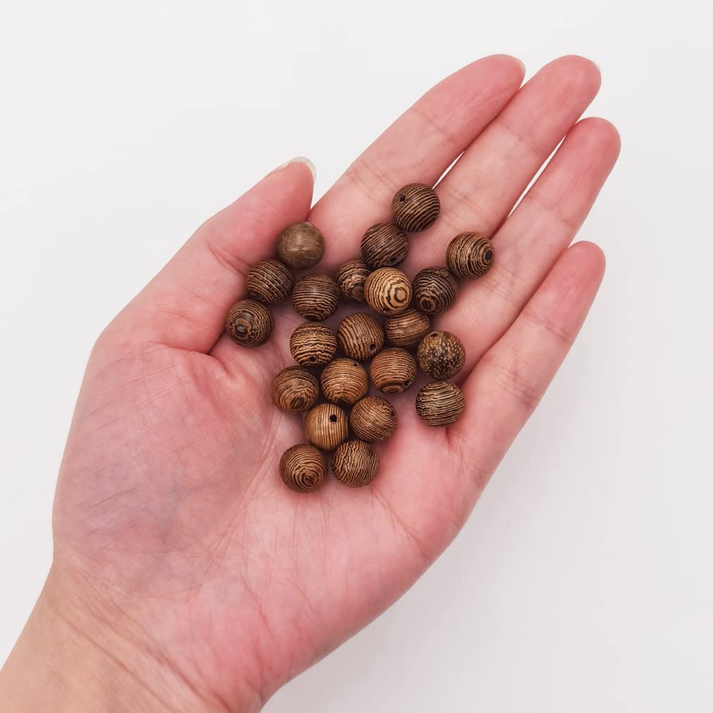 INSPIRELLE 400pcs 10mm Dark Brown Wooden Beads Undyed Natural Stripe Round Wood Loose Craft Beads for Bracelets and Jewelry Making