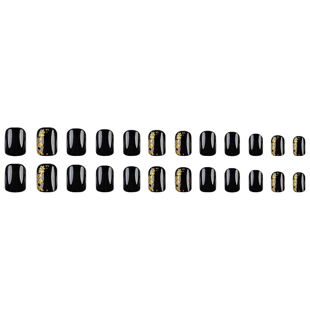 Black Press on Nails Short Square Fake Nails Gold Foil Glue on Nails Glossy Acrylic False Nails Reusable Manicure Art Nail Kit Black Full Cover Stick On Nail for Women 24Pcs