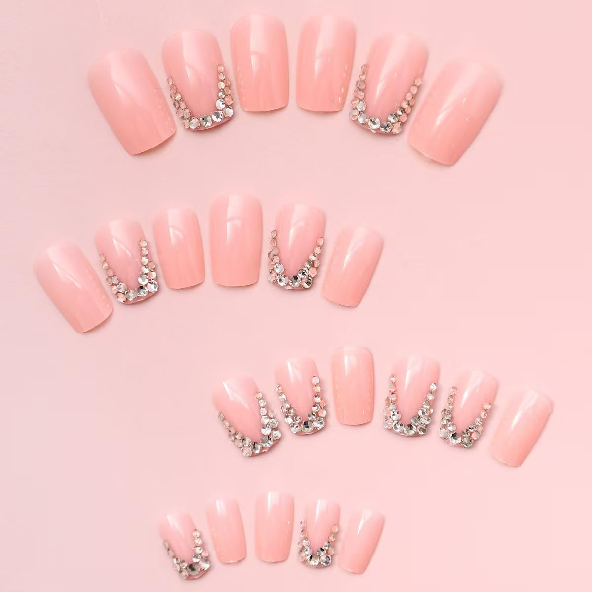Square press on Nails Medium French Tip Fake Nails with Rhinestone Design Full Cover Sparkling Stick on False Nails for Women 24 Pcs