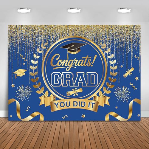 Graduation Backdrop Congrats Grad You Did It Party Decorations Background Congratulations Graduate Class of 2026 Banner Photo Booth Props (Blue and Gold, 7x5ft) - color: Blue and Gold