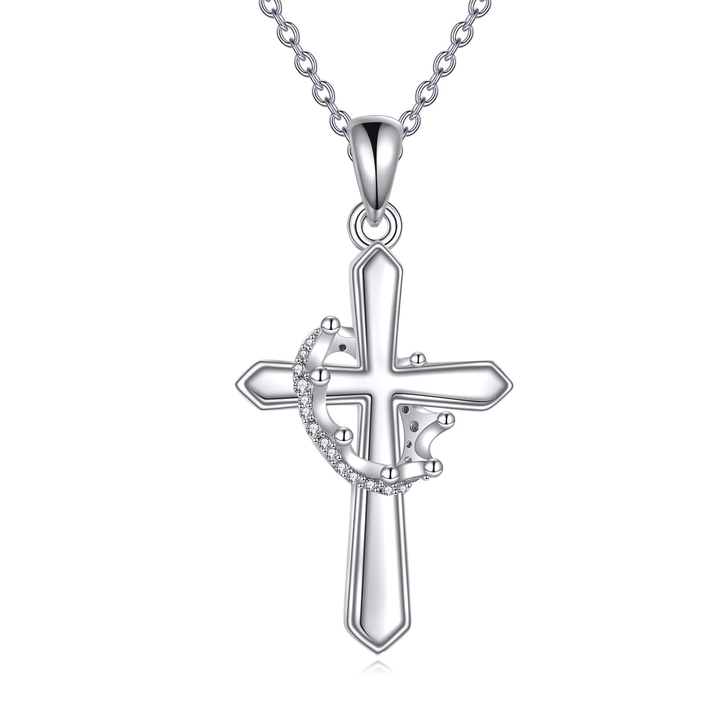 VONALA 925 Sterling Silver Crown Cross Necklace Baptism Religious Pendant Jewelry First Communion Day Gift for Women