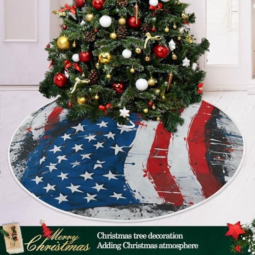 Dussdil Patriotic Us Flag Christmas Tree Skirt 36 Inches Xmas Tree Skirts Seasonal Round Tree Stand Mat Skirt for Holiday House Celebration Party Indoor Home Office Decor Ornaments