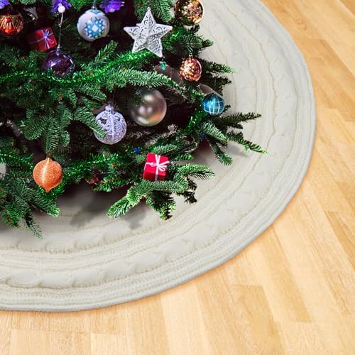 Knitted Christmas Tree Skirt,48 Inch Knit Christmas Tree Skirt Rustic Cream Ivory White Tree Skirt Cable Knit Xmas Tree Skirt for Holiday Decoration
