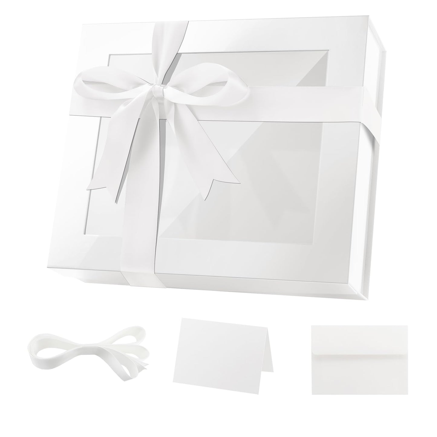 PACKQUEEN Extra Large White Gift Box with Window, 16.3x14.2x5 Inches Clear Gift Box for Present Contains Ribbon, Card, Bridesmaid Proposal Box with Lid (Glossy White)