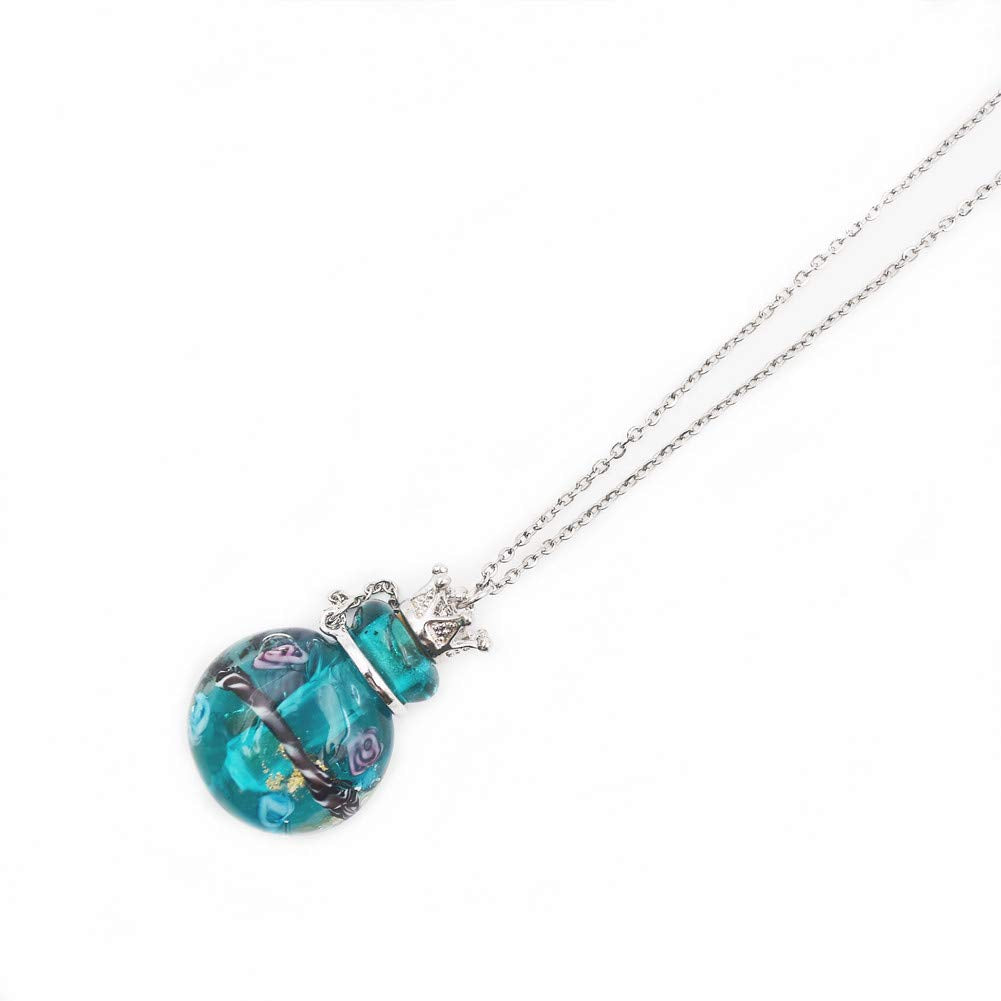 Stainless Steel Colored Glass Pendant Necklace Diffuser Perfume Pendant Aromatherapy Charms (Peacock Blue)