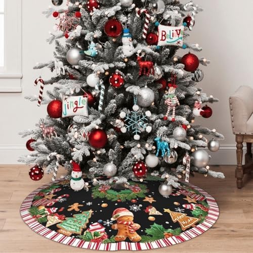 Gingerbread Man Black Christmas Tree Skirt 36 Inch Xmas Tree Mat Party Decor Supplies for Holiday Home Decorations