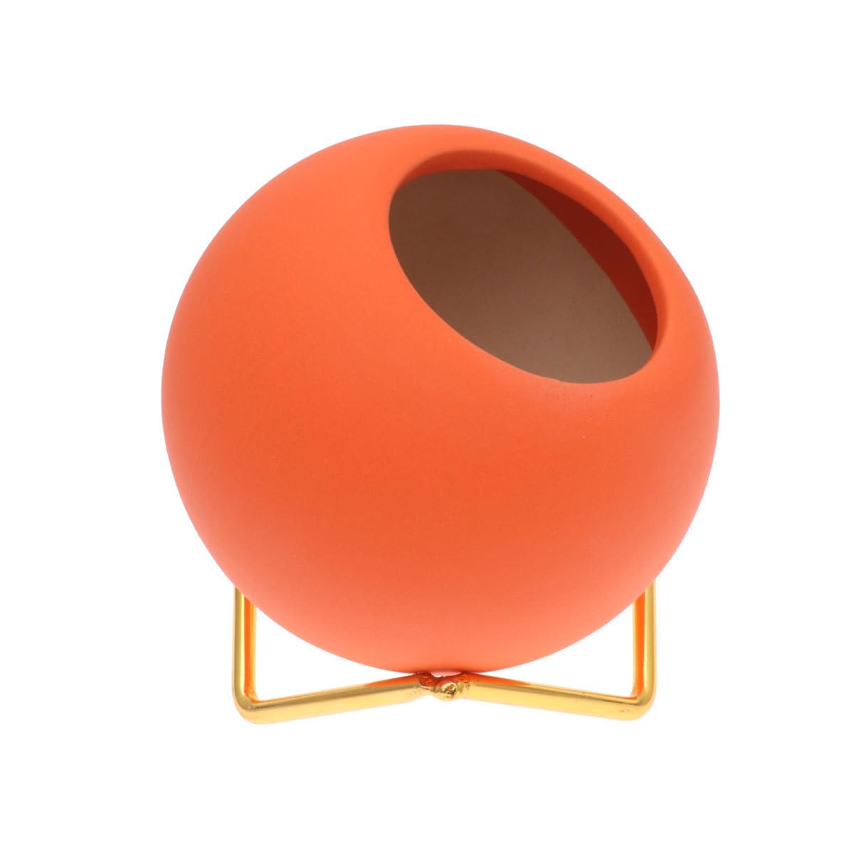 EXCEART Round Orange Ceramic Flower Pot with Electroplated Iron Rack 3.9 X 4.1 X 3.9 Inch Indoor Planter for Succulents and Home Decor