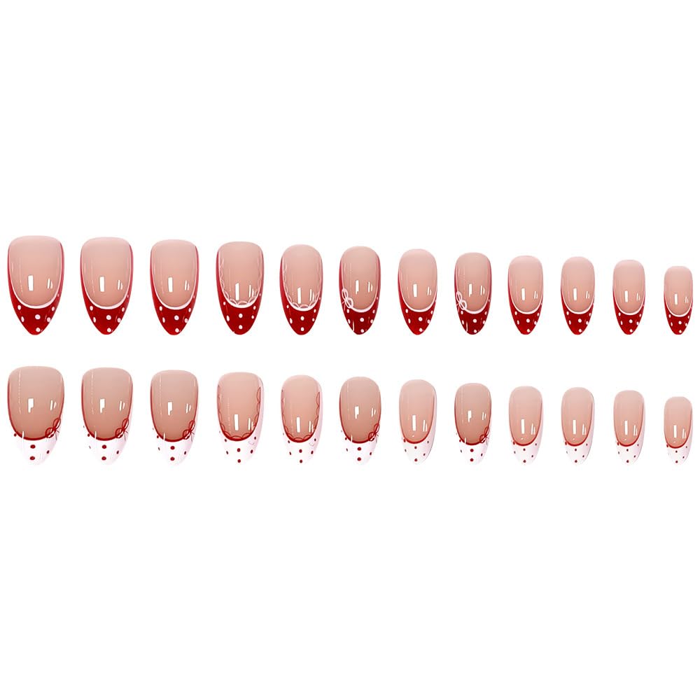 24Pcs Red French Polka Dot Press on Nails Medium Almond Fake Nails with Lace Designs White Tip Bow False Nail for Women Glossy Full Cover Stick on Nails Nude Pink Acrylic Nail Manicure Kit