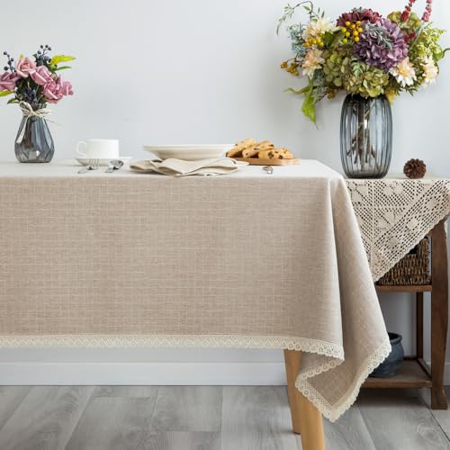 GLORY SEASON Lace Trim Tablecloth Linen-Look Textured Rustic Style Machine Washable Solid Heavy Weight Rectangle/Oblong Table Cloth Cover for Kitchen Dinning Tabletop Decoration 55x102 in Beige - size: 102" x 55" (Rectangular)