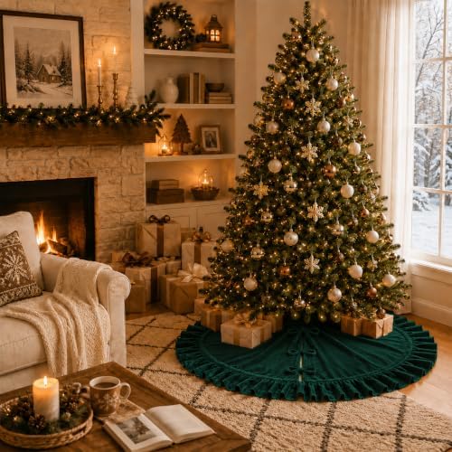 Christmas Tree Skirt,Velvet Tree Skirt with Ruffled Edge, Classic Large Velvet Fur Plush Tree Skirt for Merry Christmas(DarkGreen,36Inch)