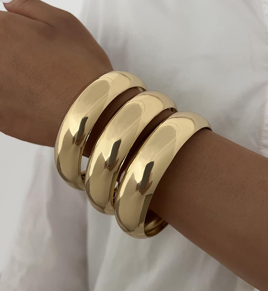 3PCS Chunky Gold Bangle Bracelets for Women, Dainty 14k Gold Plated Big Stackable Bangles Set, Trendy Cuff Bracelet Stack Fashion Jewelry Gifts