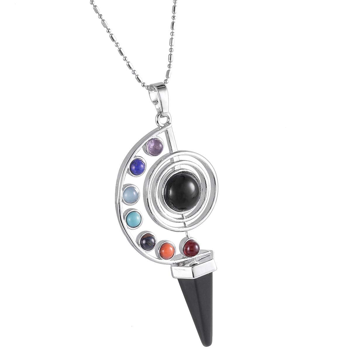 Nupuyai 7 Chakra Stone Beads Pendant Necklace for Women Men, Unique Hexagonal Point Healing Crystal Pendulum for Reiki Divination, Black Obsidian