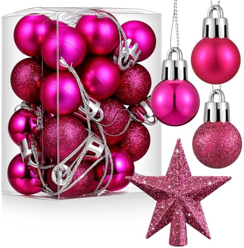 RoundFunny 25 Pcs Mini Christmas Balls Ornaments Set 0.79 Inch Christmas Day Ball Topper Star Tree Hanging Ornaments for Party Decoration(Rose Red)