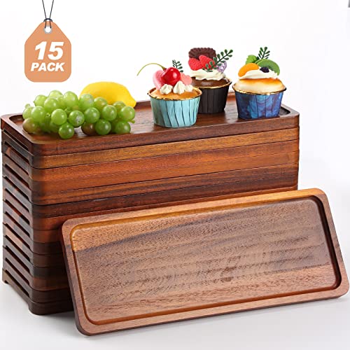 Skylety 15 Pack Solid Wood Serving Tray Large Acacia Party Server Platter Rectangular Charcuterie Board with Grooved Handle for Home kitchen Cheese Appetizer Farmhouse Table Supplies (13.8 x 5.4 Inch) - size: 13.8 X 5.4 Inch