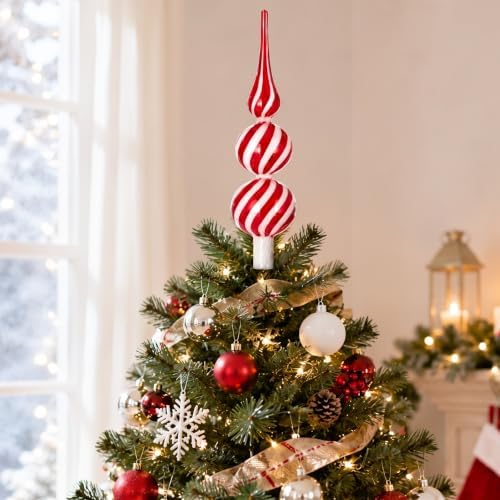 Gejoy Glass Christmas Finials Tree Topper Ornaments Spherical Red and White Candy Glass Xmas Tree Topper Finials Holiday Indoor Suitable for Party Decoration, 9.8inches