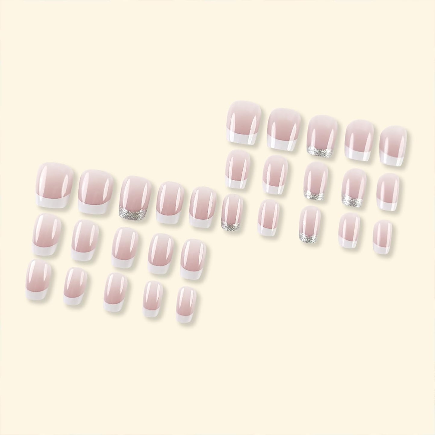 French Tip Glitter Short Square Fake Nails - Pink & White Glossy Design, Sparkly False Nails Glue On with Full Cover Acrylic Stick On Nails - 24 Pcs