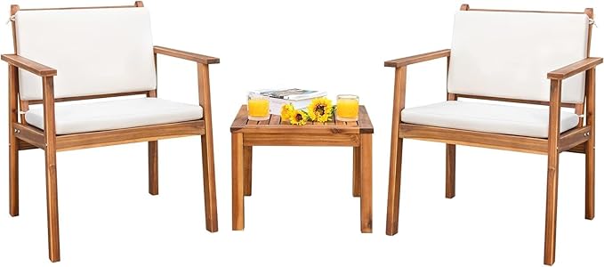 Devoko Patio Set 3 Piece Acacia Wood Outdoor Furniture Conversation Seat with Table & Cushions Porch Chairs for Balcony, Deck, Backyard