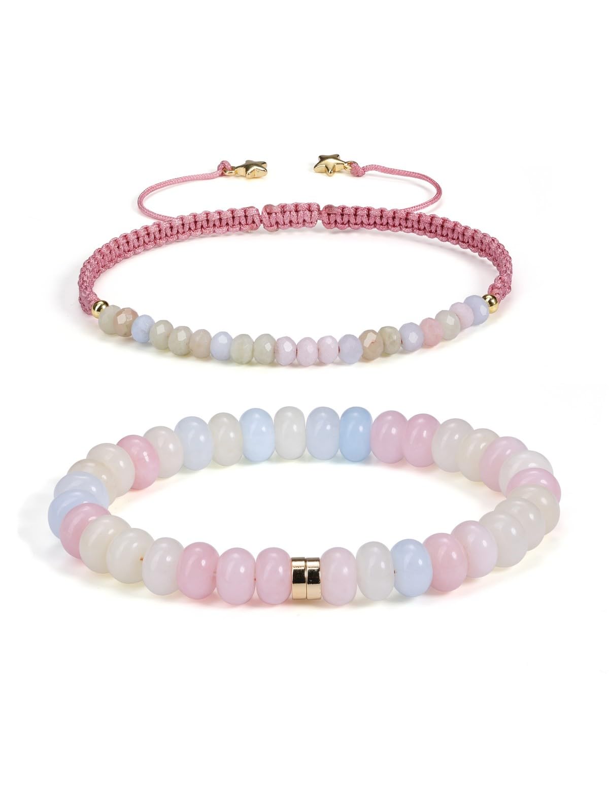 CrystalTears Morganite Beaded Bracelets for Women, 2pcs Stackable Boho Crystal Gemstone Bracelets Set with Stretch Bracelet and Adjustable Braided Bracelet Summer Beach Jewelry Gifts for Women Her