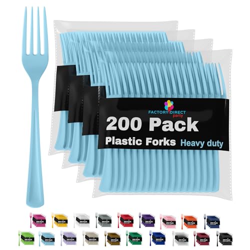 Party Solids Light Blue Plastic Forks 200 Pcs Light Blue Forks Disposable Utensils Heavy Duty Plastic Cutlery Set Disposable Cutlery Sets Flatware Sets Silverware Set Party Supplies & Party Tableware - color: Light Blue
