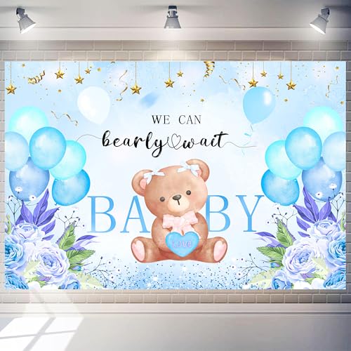 We Can Bearly Wait Backdrop 10 x 8 ft Blue Boho Baby Shower Background Boy Gender Reveal Decorations for Newborn Baby Baptism Birthday Party Banner Photography Props Supplies - color: Boy, size: 118”x94”