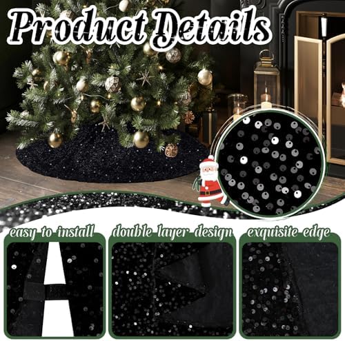 Black Christmas Tree Skirt 36 Inch Halloween Small Sequin Tree Skirt Tree Skirt Cover for 4ft Christmas Tree Decorations