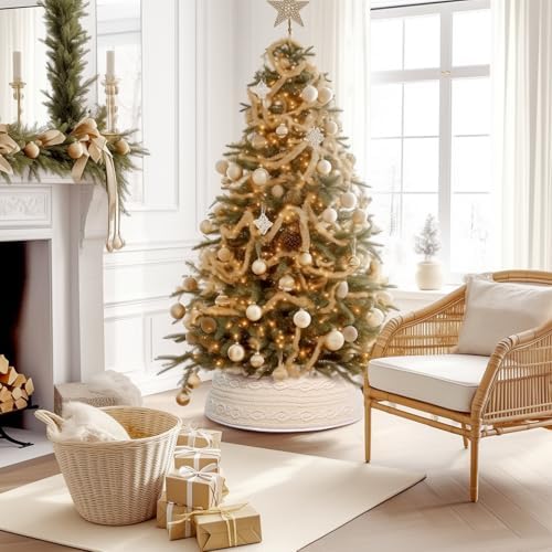 WBHome Christmas Tree Collar, Adjustable 28 inch Cable Knit Knitted Thick Rustic Holiday Decoration, Farmhouse Tree Ring Tree Skirt for Christmas Home Décor, Beige