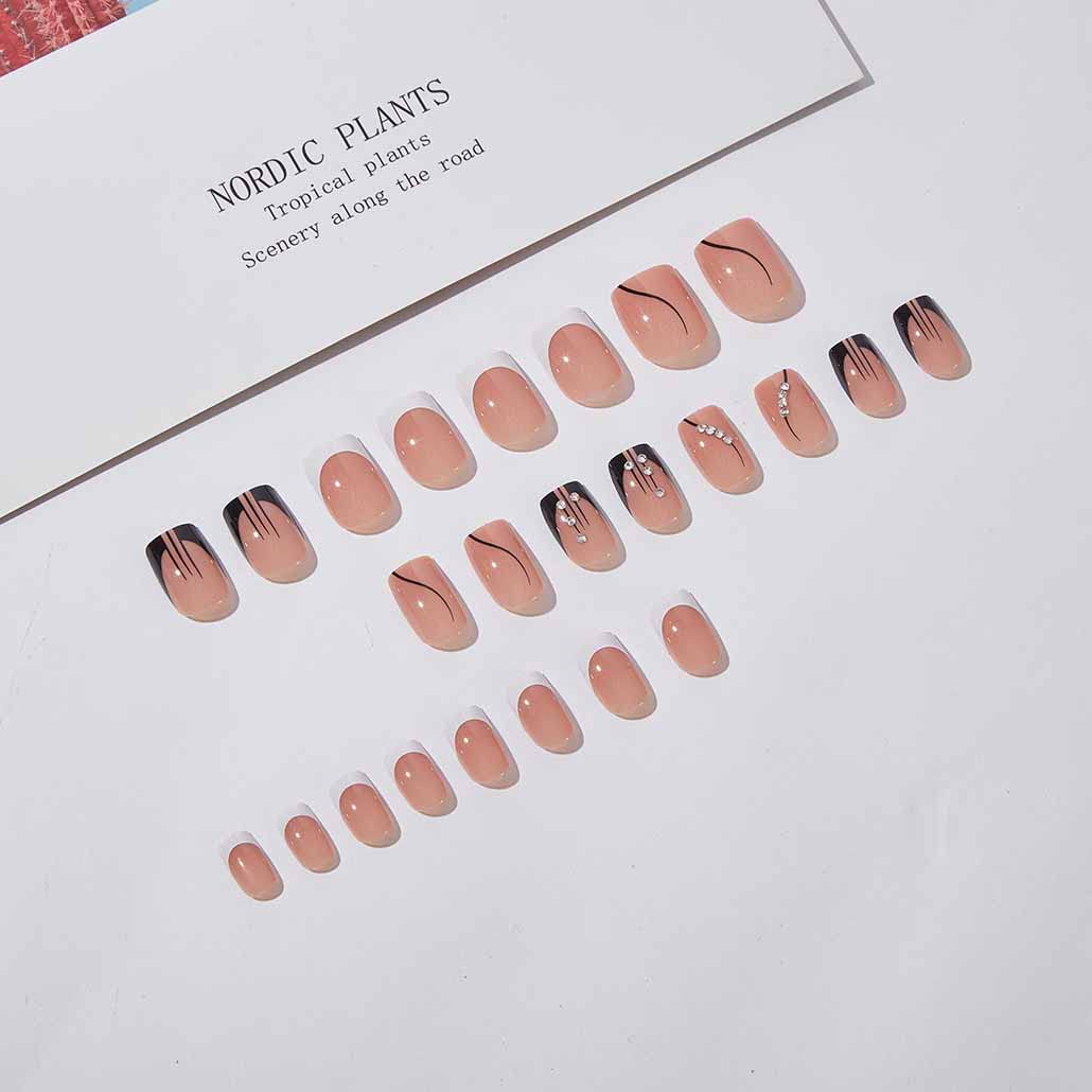 Foccna Square Press on Nails Rhinestone Black Fake Nails Tips Women's French False Nails White Medium Glossy Daily Wear Artificail Nails for Nail Art Manicure Decoration 24pcs