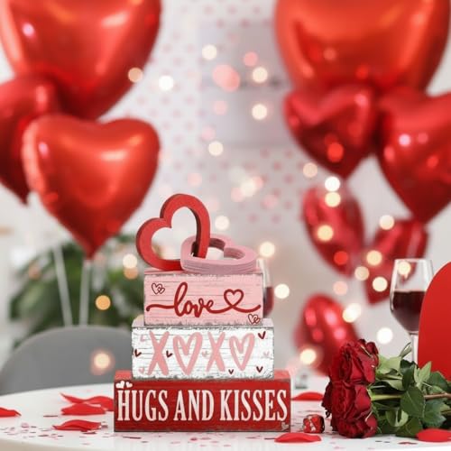 GlikCeil 4 Pcs Valentine's Day Table Sign Tiered Tray Decor Valentine's Day Love Heart Table Wood Block Decorations Centerpieces Farmhouse Rustic Hug and Kisses Decor for Home Office Desk Shelf Supply - style: Love