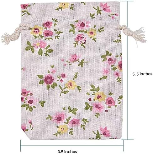 Autupy 20 Pack Floral Burlap Drawstring Bags Packing Storage Linen Jewelry Pouches Sacks for Christmas Wedding Party Shower Birthday, 5.5 x 3.9 Inch