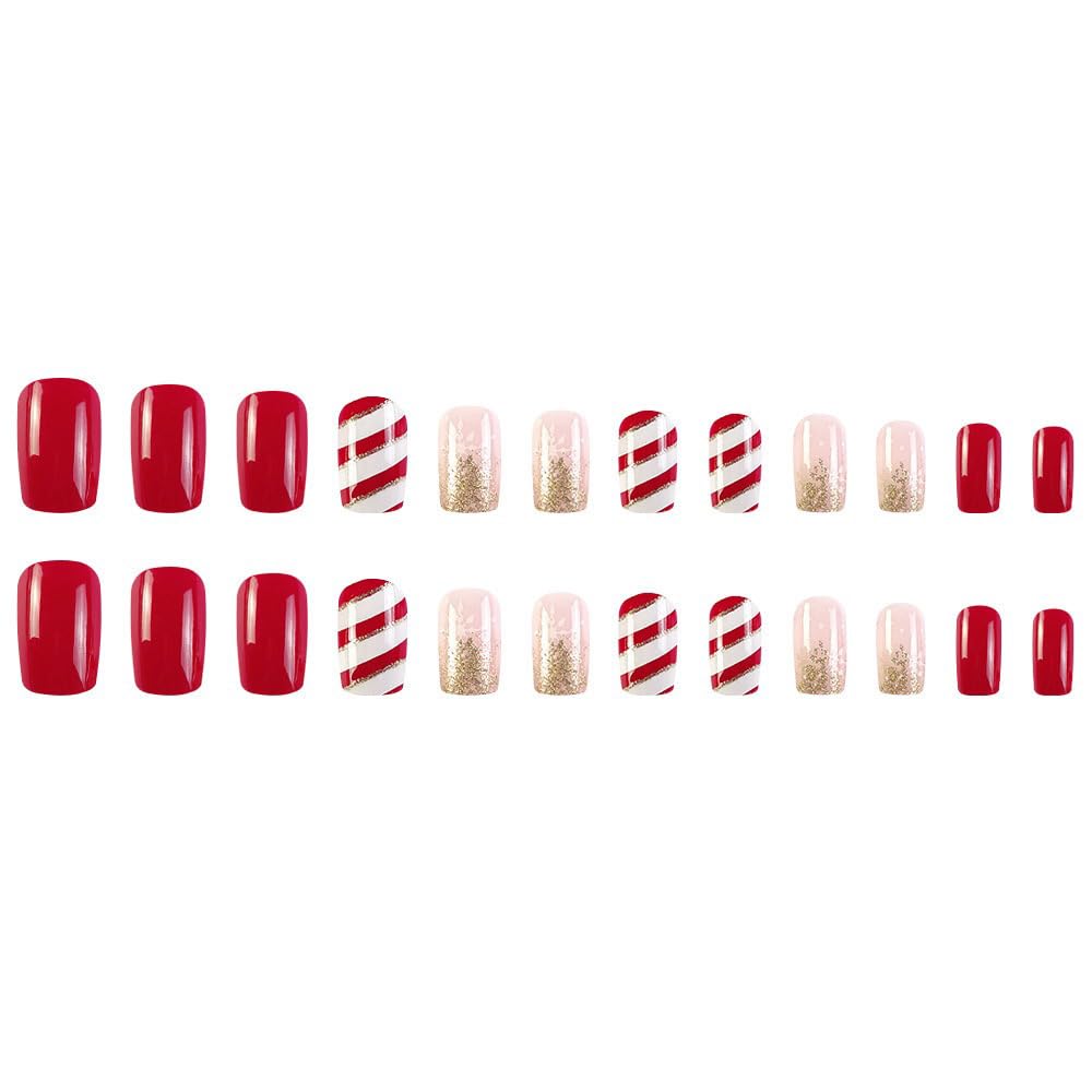 Christmas Press on Nails Gold Medium Square Fake Nails White Snowflake Full Cover Red Candy Christmas Nails Glossy False Nail Artificial Acrylic Nail for Women Girls 24 Pcs