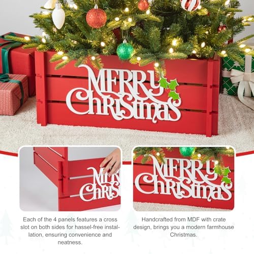 Glitzhome Wooden Crate Tree Collar, Christmas Tree Base Cover, 27" L Red Merry Christmas Farmhouse Christmas Tree Collar for 9ft Tree