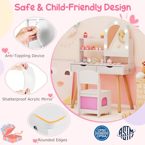 Costzon Kids Vanity with Lights, Girls Vanity Set with Mirror Cabinet, Storage Drawers, Hooks & Shelves, Toddler Makeup Vanity Desk Dressing Table, Wooden Kids Vanity Table and Chair Set (White) - style: White with Mirror Cabinet