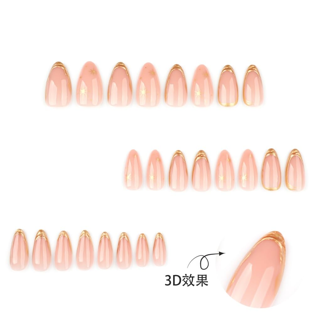 Gold Press on Nails French Tip Fake Nails Almond False Nails Press ons with Gold Line Design Stick on Nails Acrylic Glue on Nails for Women Manicure 24Pcs