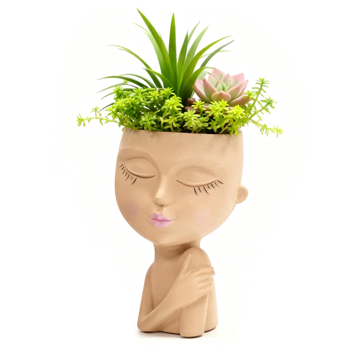 LuckyVin Face/Head Planters, Women Face Small Plant/Flower Pots with Drainage for Indoor Outdoor Succulents (Khaki)