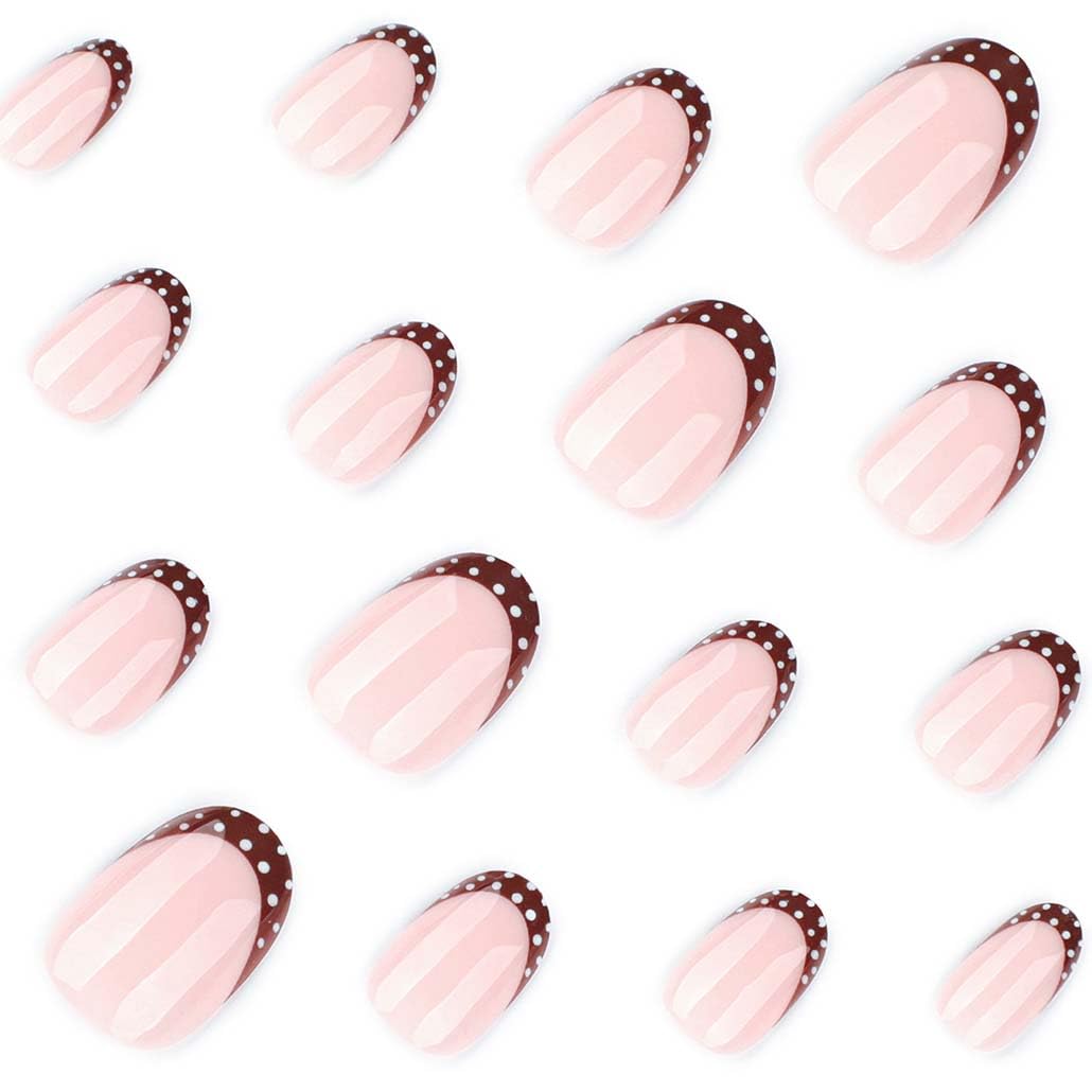 Foccna Extra Short Press on Nails Brown Almond Fake Nails Polka Dots, French Artificial Nails for Women 24pcs (French Polka Dots Nails)