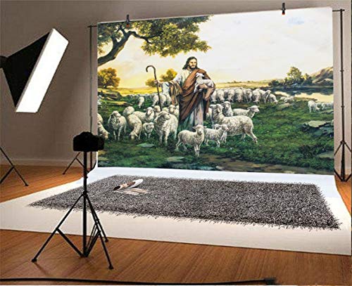 Laeacco Dusk Shepherd Sheep Flock Grassland Fresco Easter Backdrop 7x5ft Jesus Christ Theme Christmas Background Bible Story Church Activities Christian Photo Shoot Studio - size: 7x5ft